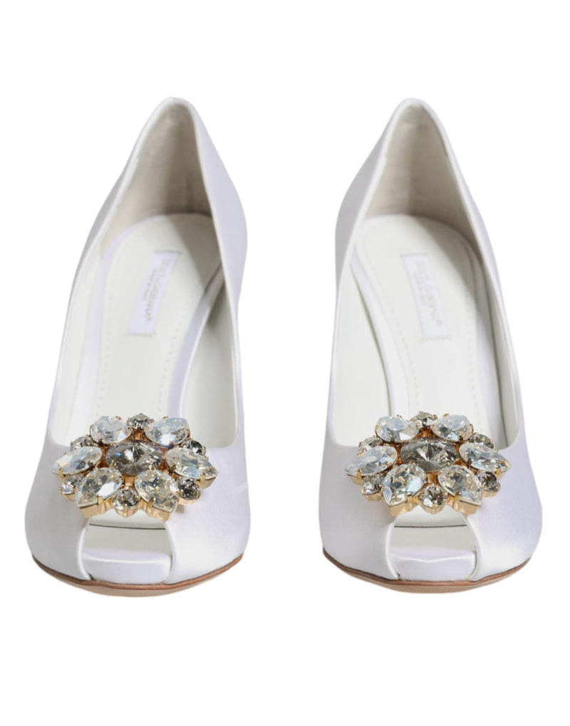 Dolce & Gabbana White Crystals Peep Toe Satin Pumps
