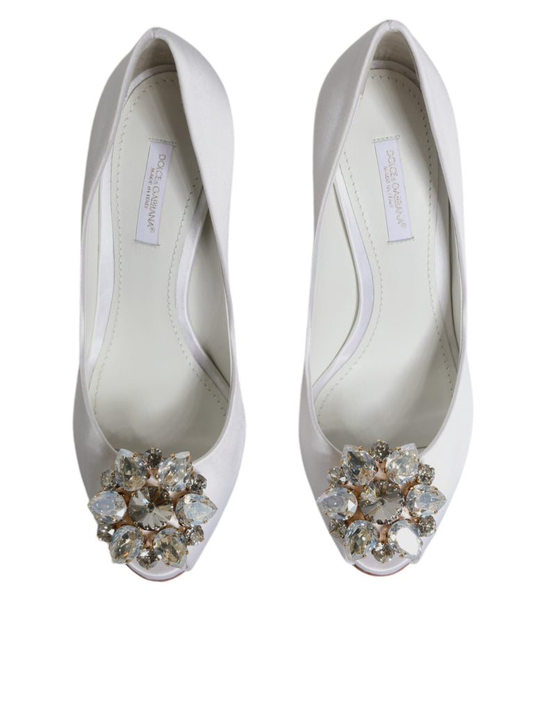 Dolce & Gabbana White Crystals Peep Toe Satin Pumps