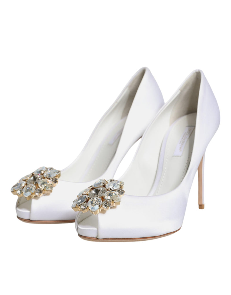 Dolce & Gabbana White Crystals Peep Toe Satin Pumps