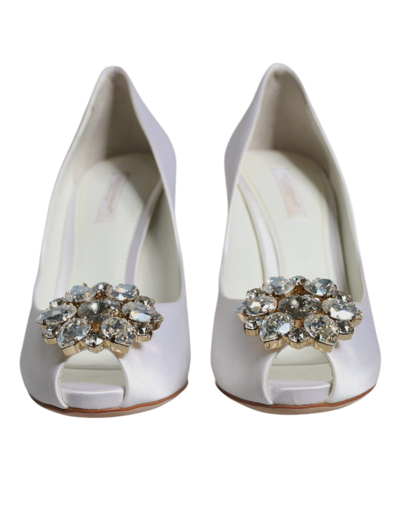 Dolce & Gabbana White Crystals Peep Toe Satin Pumps