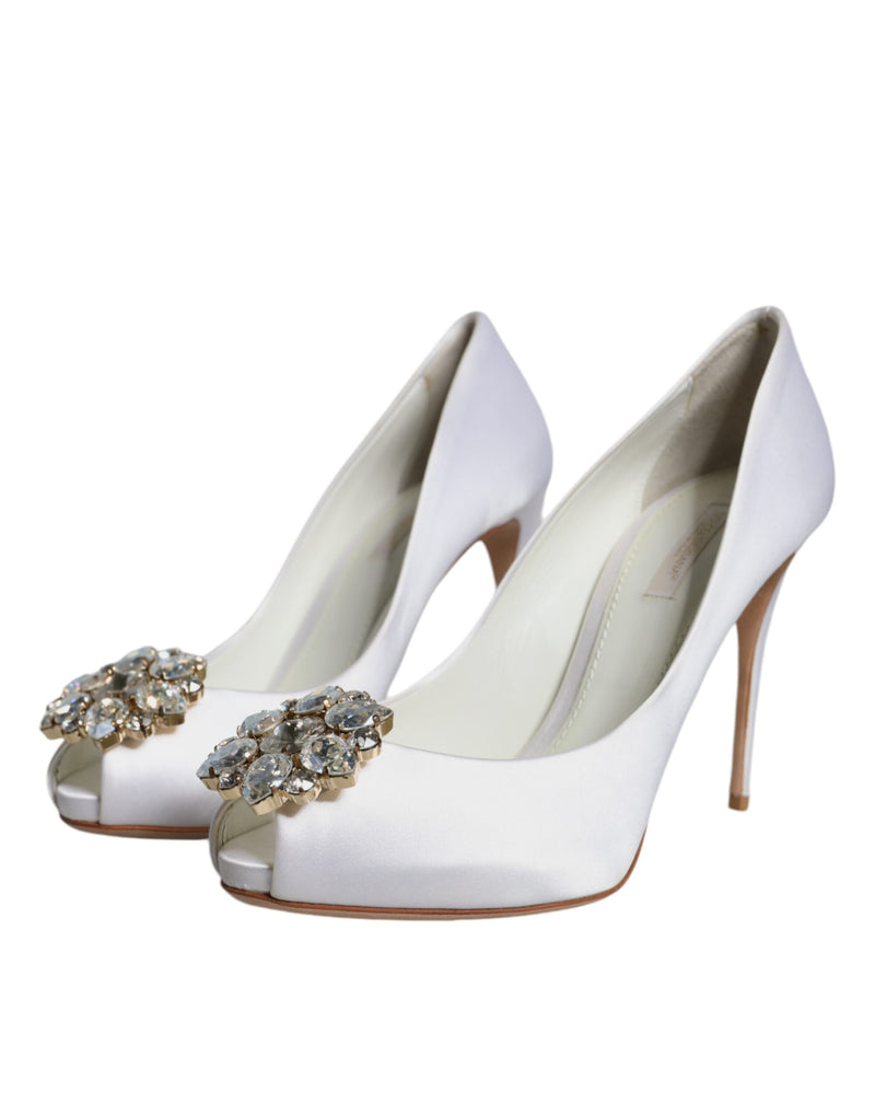 Dolce & Gabbana White Crystals Peep Toe Satin Pumps