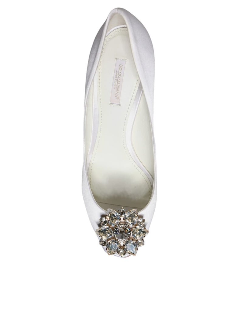 Dolce & Gabbana White Crystals Peep Toe Satin Pumps