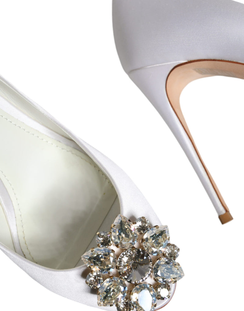 Dolce & Gabbana White Crystals Peep Toe Satin Pumps