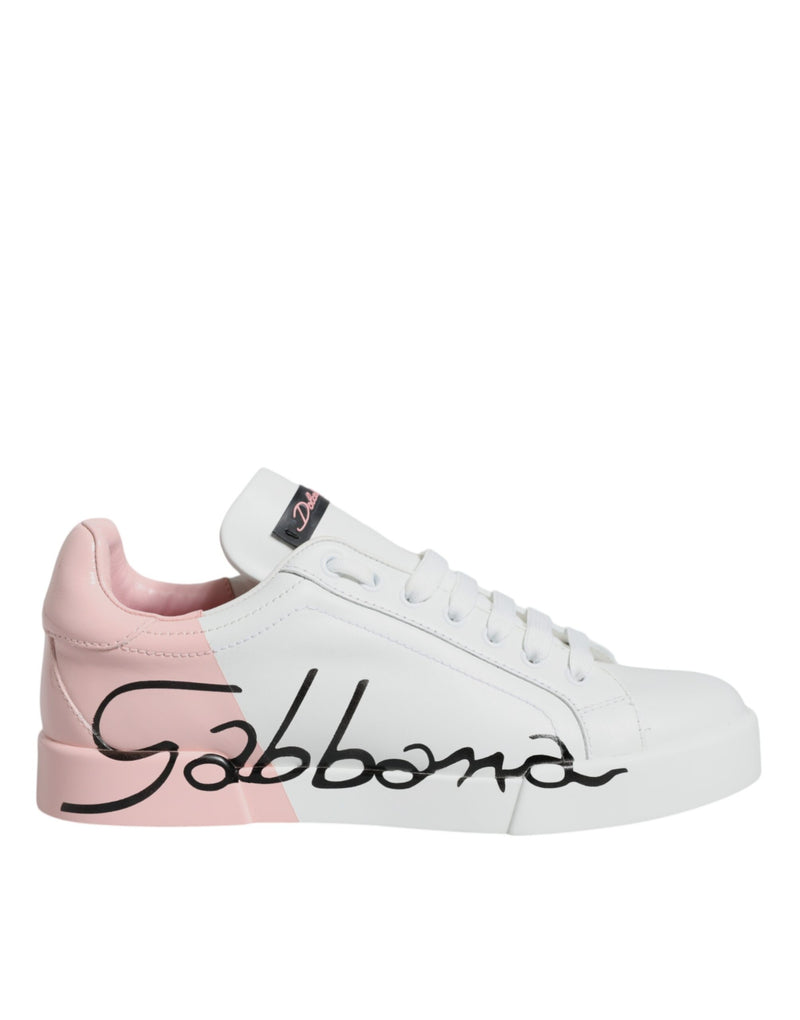 Dolce & Gabbana White Pink Portofino Low Top Sneakers