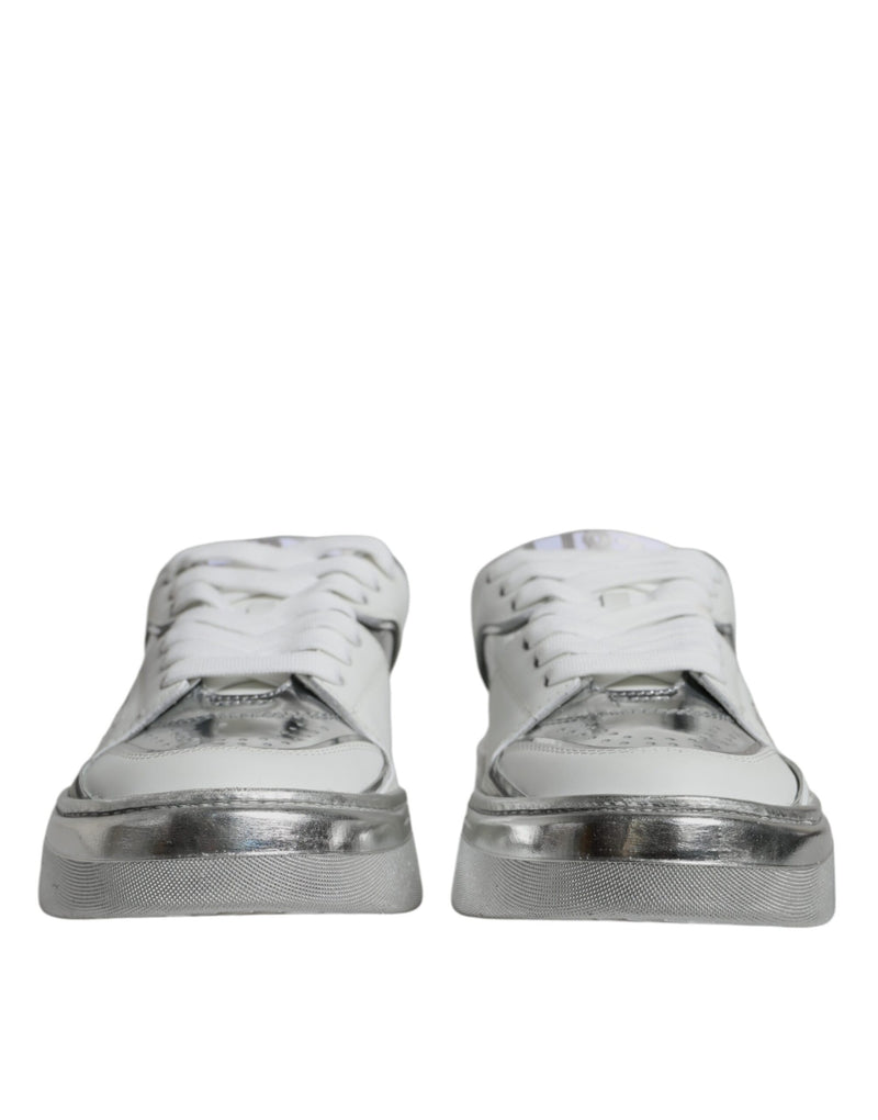 Dolce & Gabbana White Silver Leather Low Top Sneakers