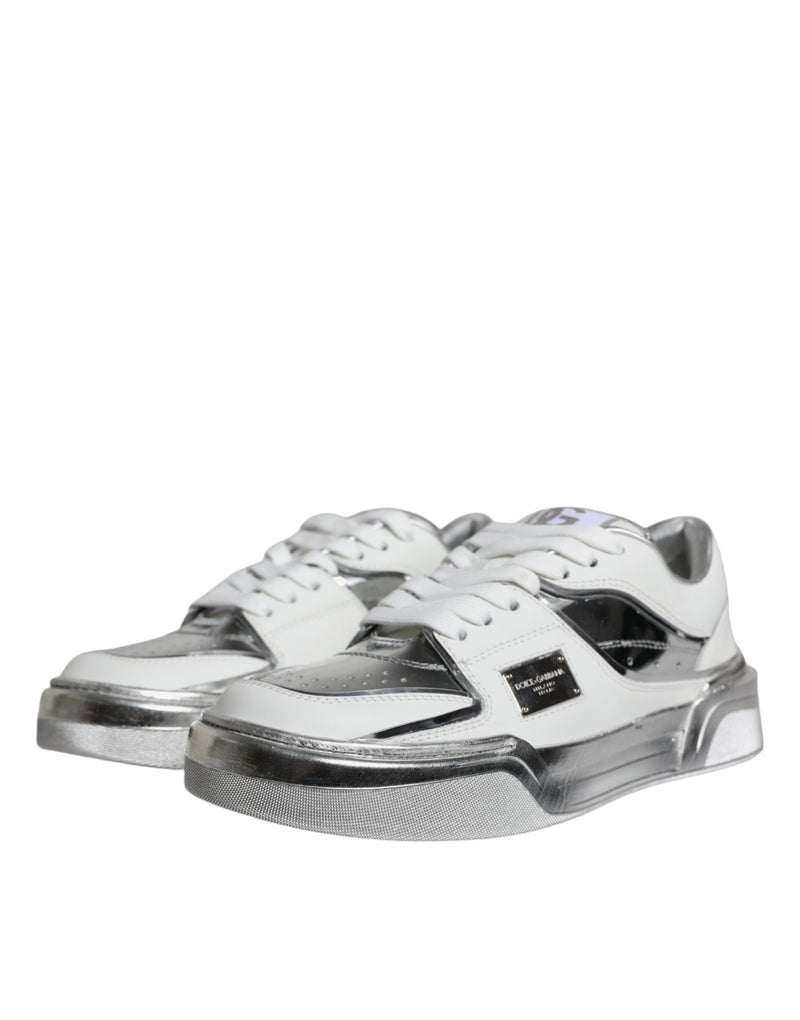 Dolce & Gabbana White Silver Leather Low Top Sneakers