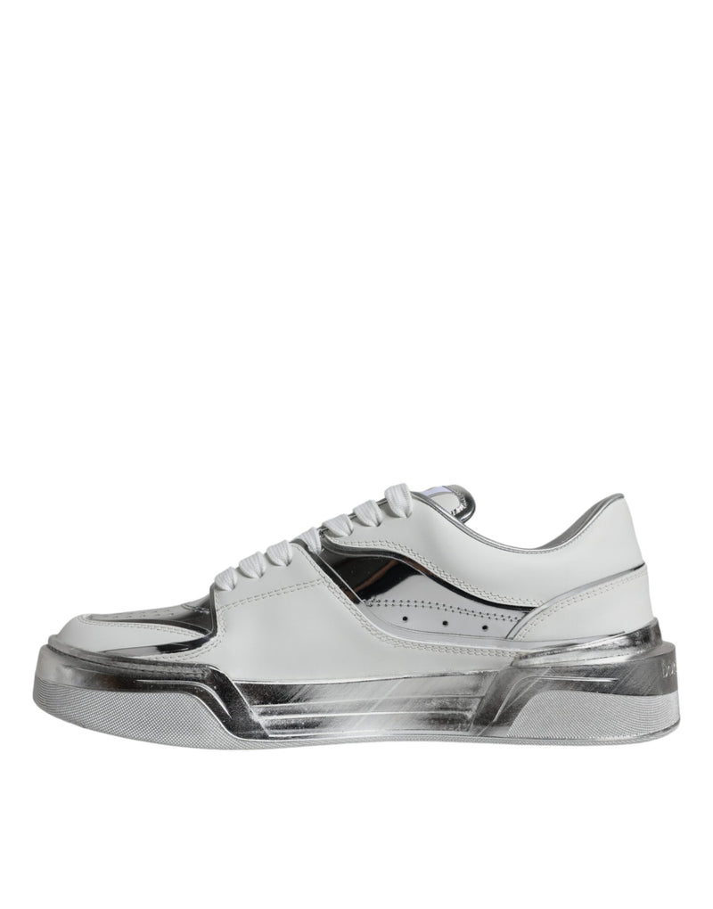 Dolce & Gabbana White Silver Leather Low Top Sneakers
