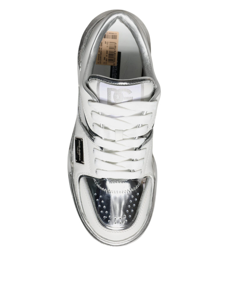 Dolce & Gabbana White Silver Leather Low Top Sneakers