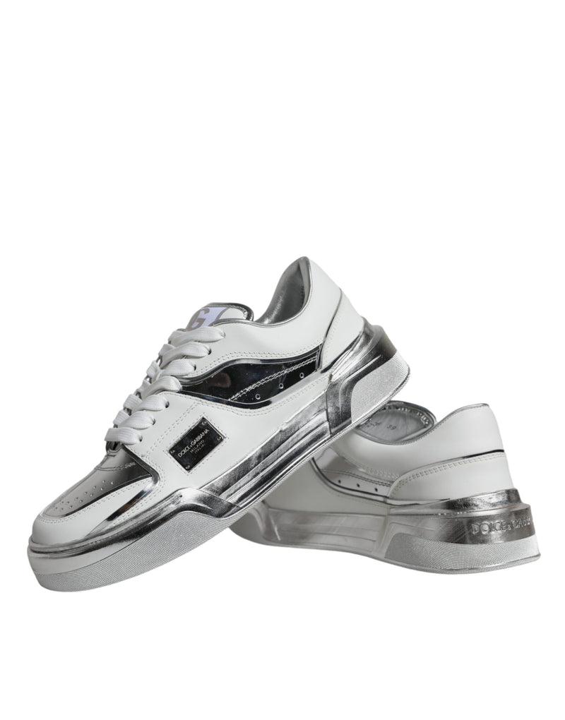 Dolce & Gabbana White Silver Leather Low Top Sneakers