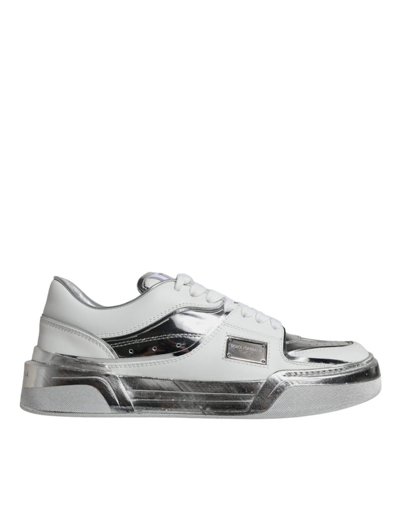 Dolce & Gabbana White Silver Leather Low Top Sneakers