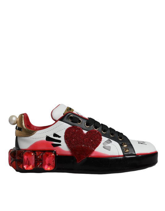 Dolce & Gabbana Portofino Sneakers van wit leder met rode kristallen