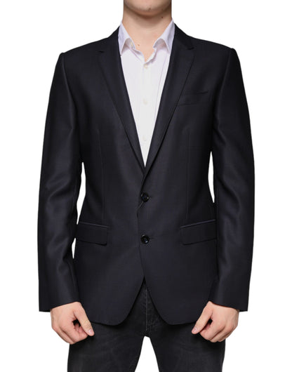 Dolce & Gabbana Blazer-manteau tailleur droit en laine bleu foncé à simple boutonnage