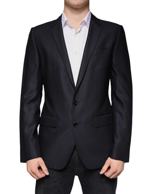 Dolce &amp; Gabbana Blazer-manteau tailleur droit en laine bleu foncé à simple boutonnage
