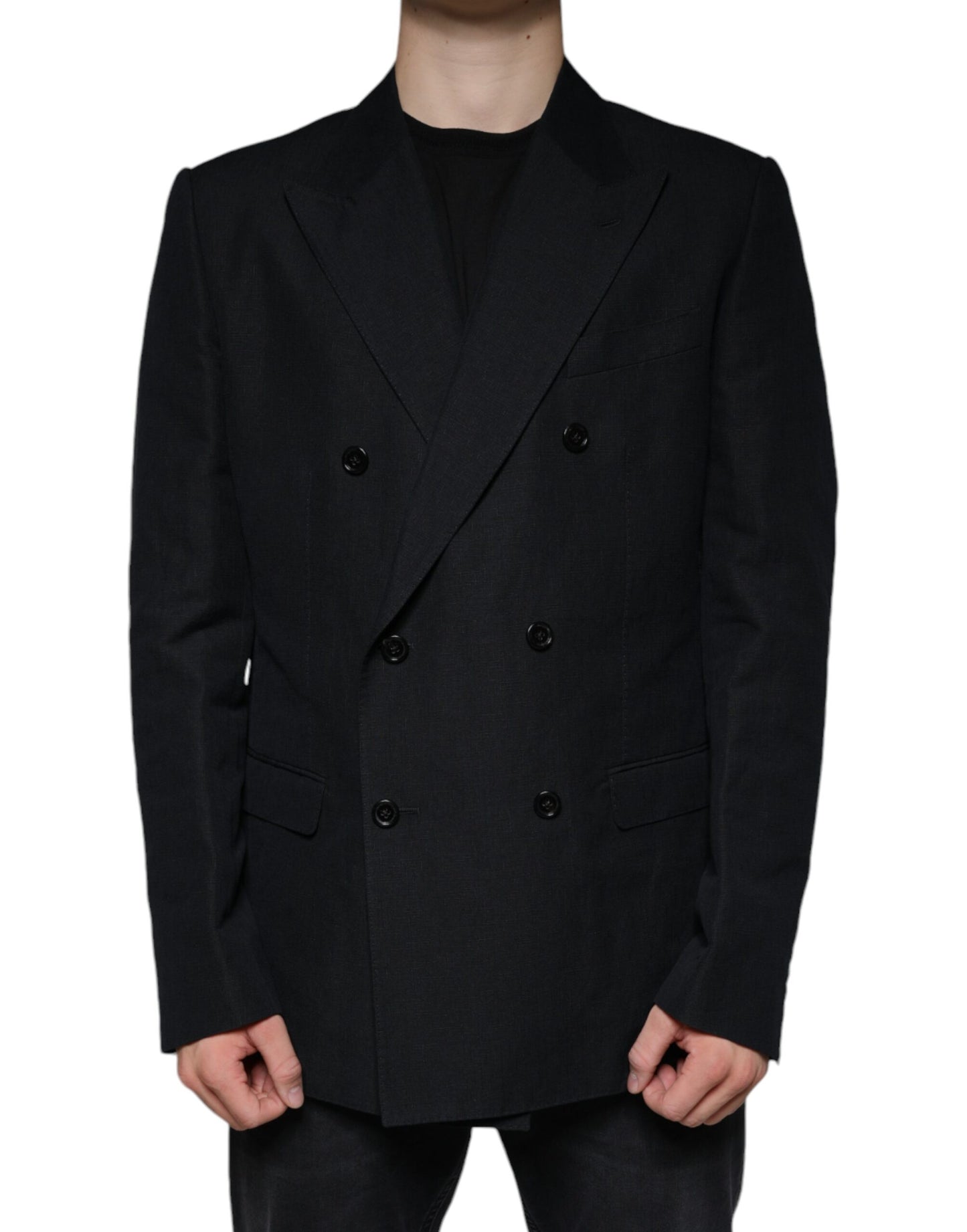 Blazer-robe noir en lin à double boutonnage de Dolce &amp; Gabbana