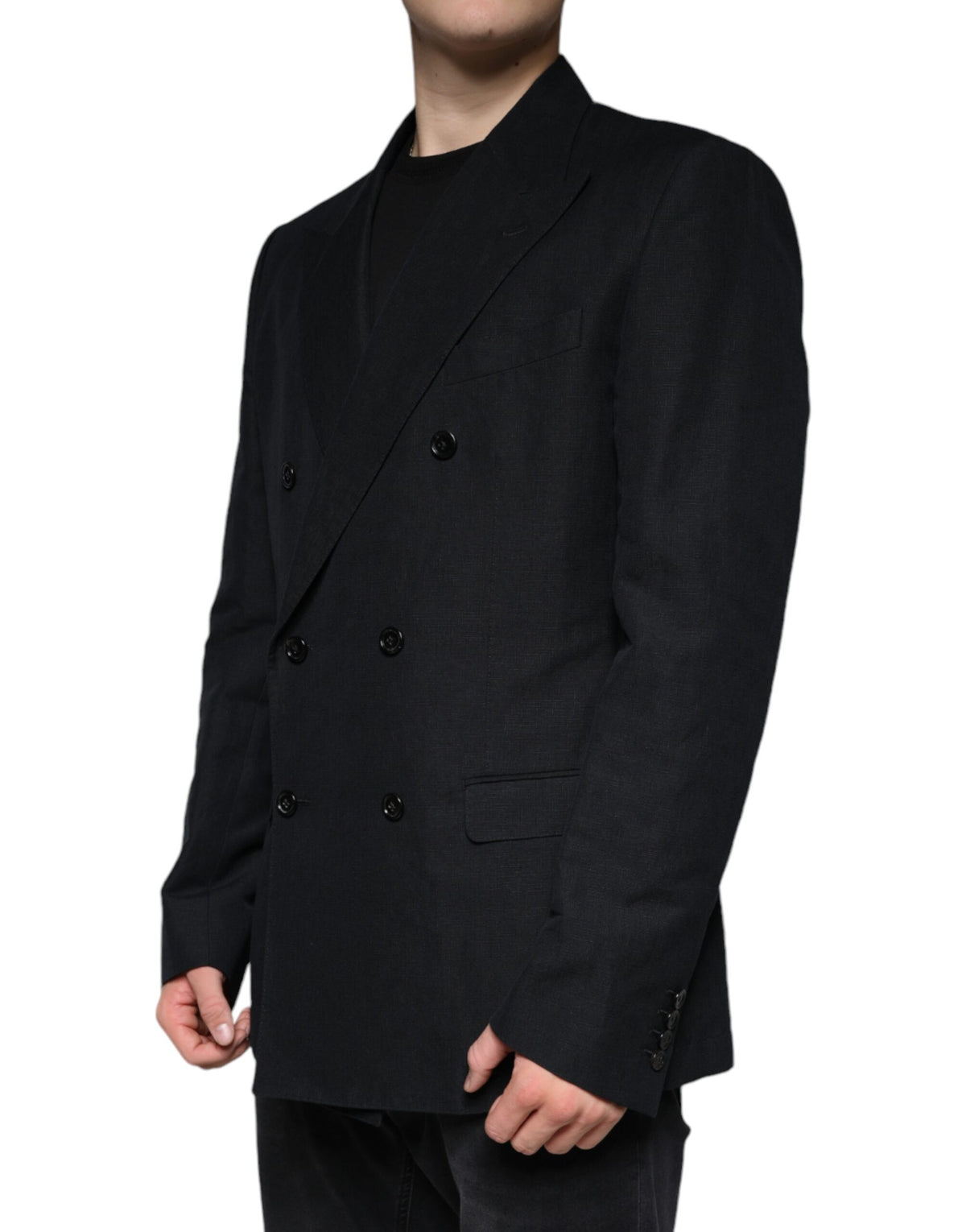 Blazer-robe noir en lin à double boutonnage de Dolce &amp; Gabbana
