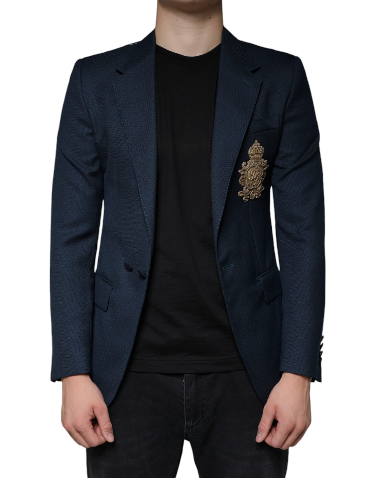 Dolce &amp; Gabbana, veste-blazer bleu en laine à logo, à simple boutonnage