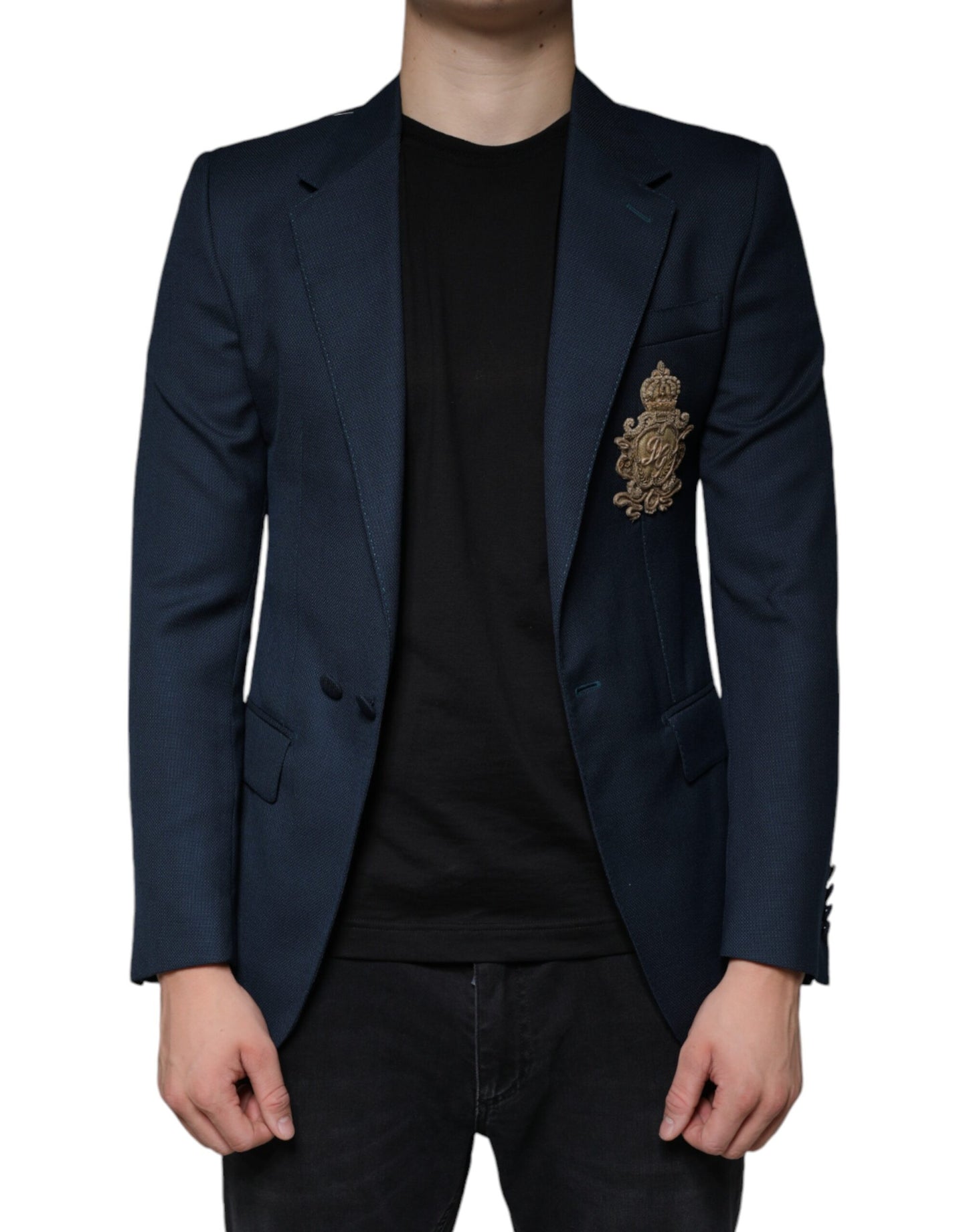 Dolce &amp; Gabbana Blauwe wollen, enkelgeknopte blazer met logo