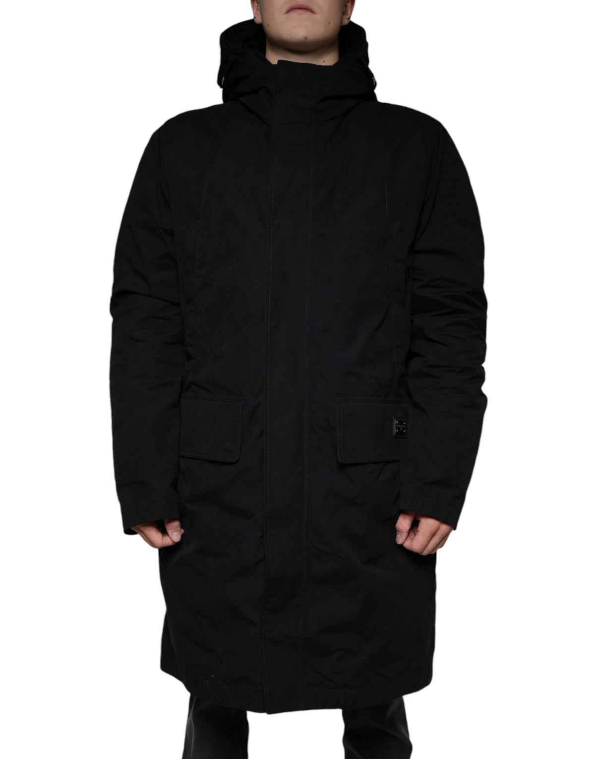 Dolce & Gabbana Parka noire à capuche, trench-coat en coton.