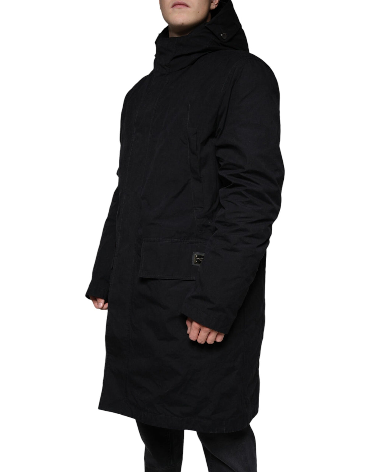 Dolce & Gabbana Parka noire à capuche, trench-coat en coton.
