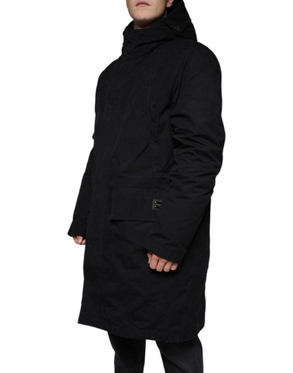 Dolce & Gabbana Parka noire à capuche, trench-coat en coton.