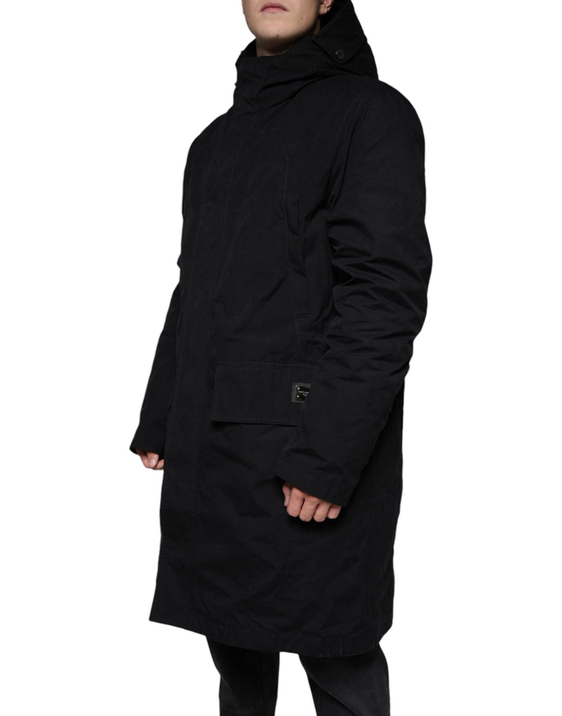 Dolce & Gabbana zwarte parka met capuchon, gemaakt van katoen, als trenchcoat te dragen.