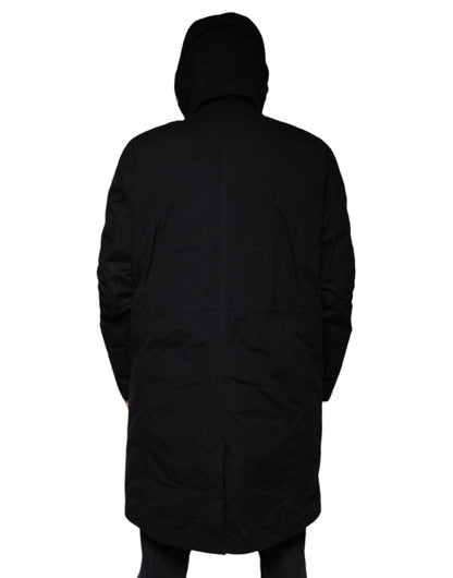 Dolce & Gabbana Parka noire à capuche, trench-coat en coton.