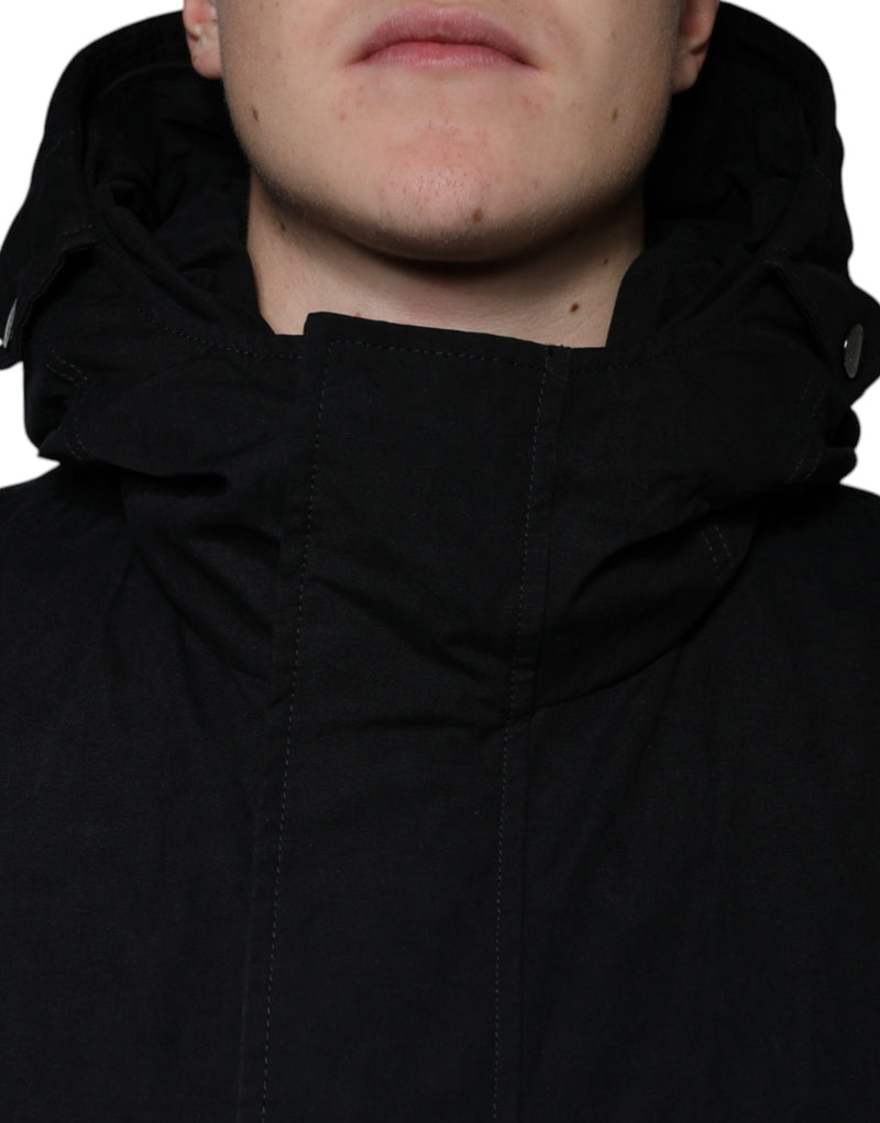 Dolce & Gabbana zwarte parka met capuchon, gemaakt van katoen, als trenchcoat te dragen.