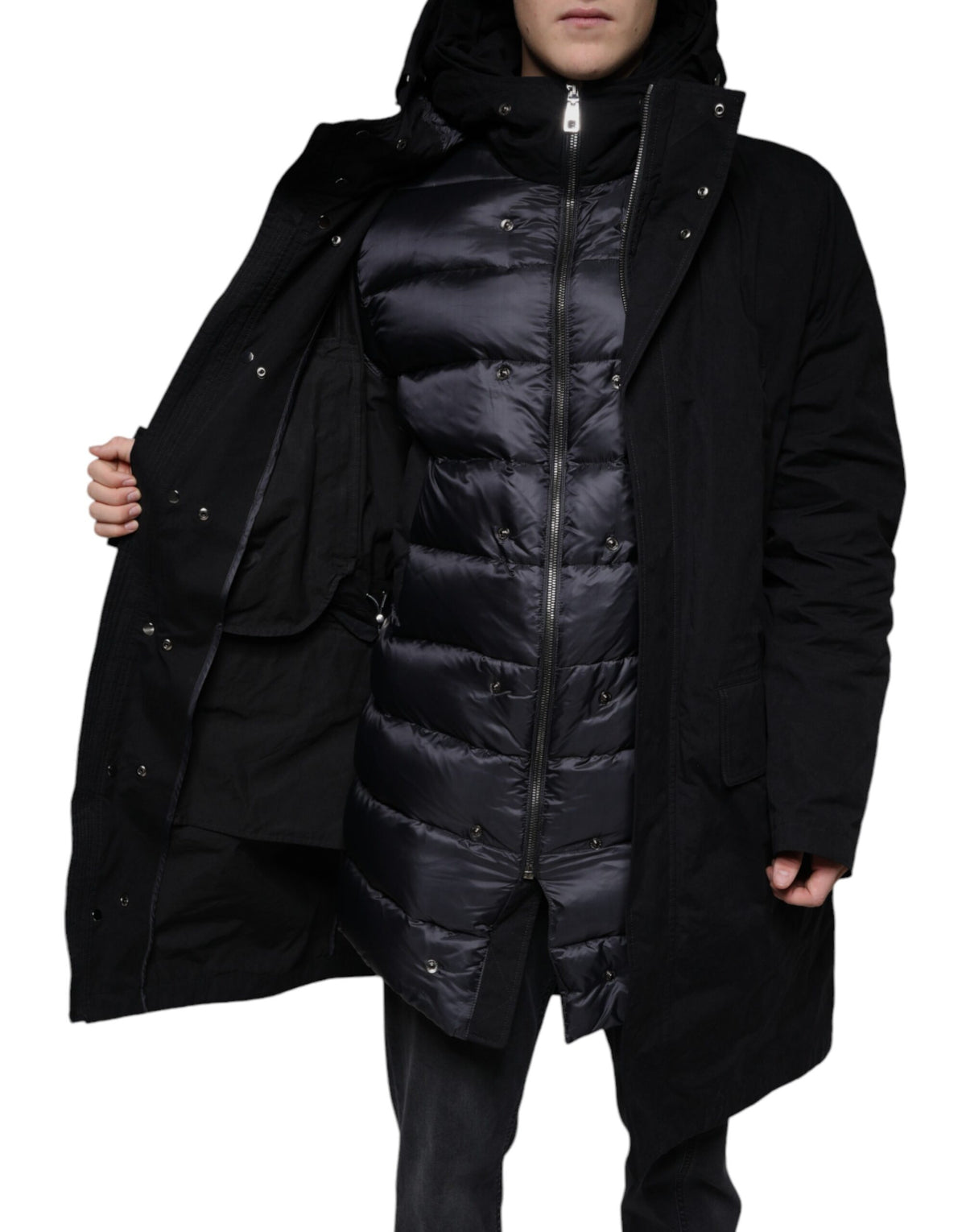 Dolce & Gabbana Parka noire à capuche, trench-coat en coton.