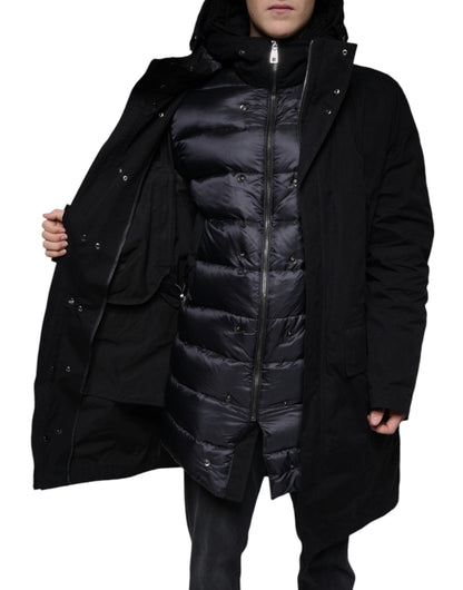 Dolce & Gabbana Parka noire à capuche, trench-coat en coton.