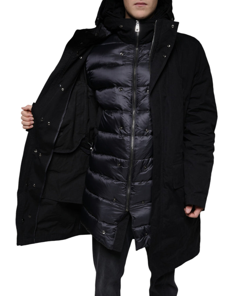 Dolce & Gabbana zwarte parka met capuchon, gemaakt van katoen, als trenchcoat te dragen.
