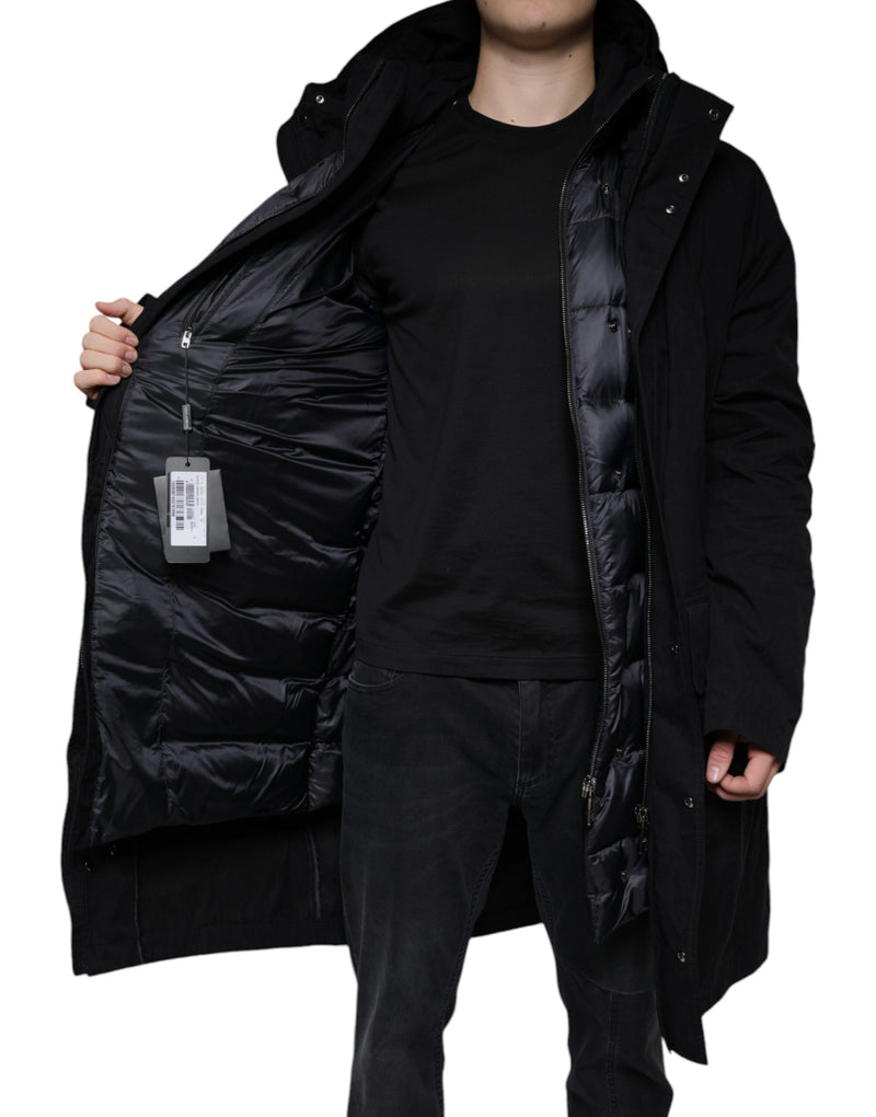 Dolce & Gabbana zwarte parka met capuchon, gemaakt van katoen, als trenchcoat te dragen.
