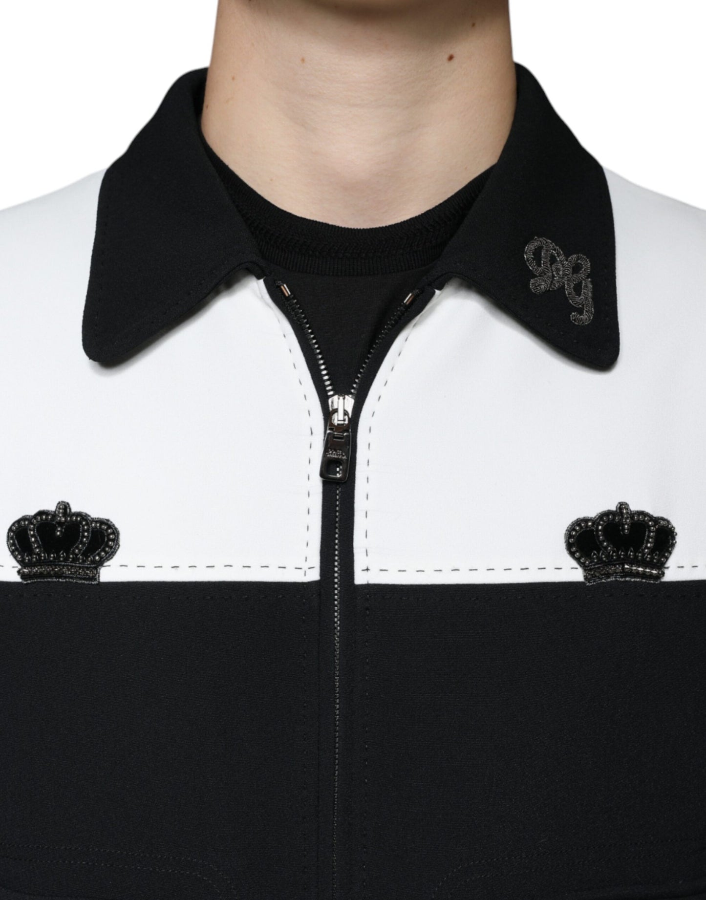 Veste blouson à fermeture éclair intégrale Dolce & Gabbana, noir et blanc, avec couronne DG.