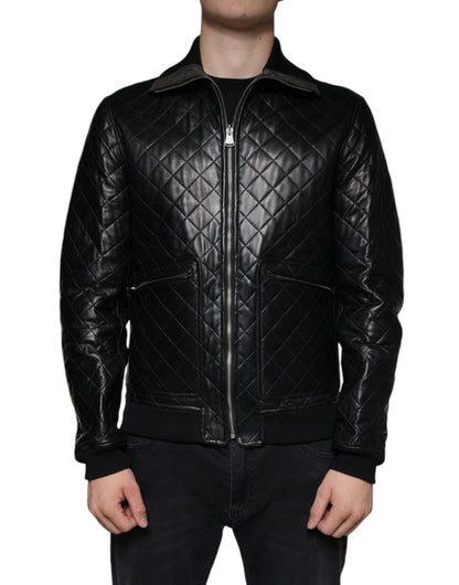 Veste à fermeture éclair complète en cuir de veau noir matelassé de Dolce & Gabbana