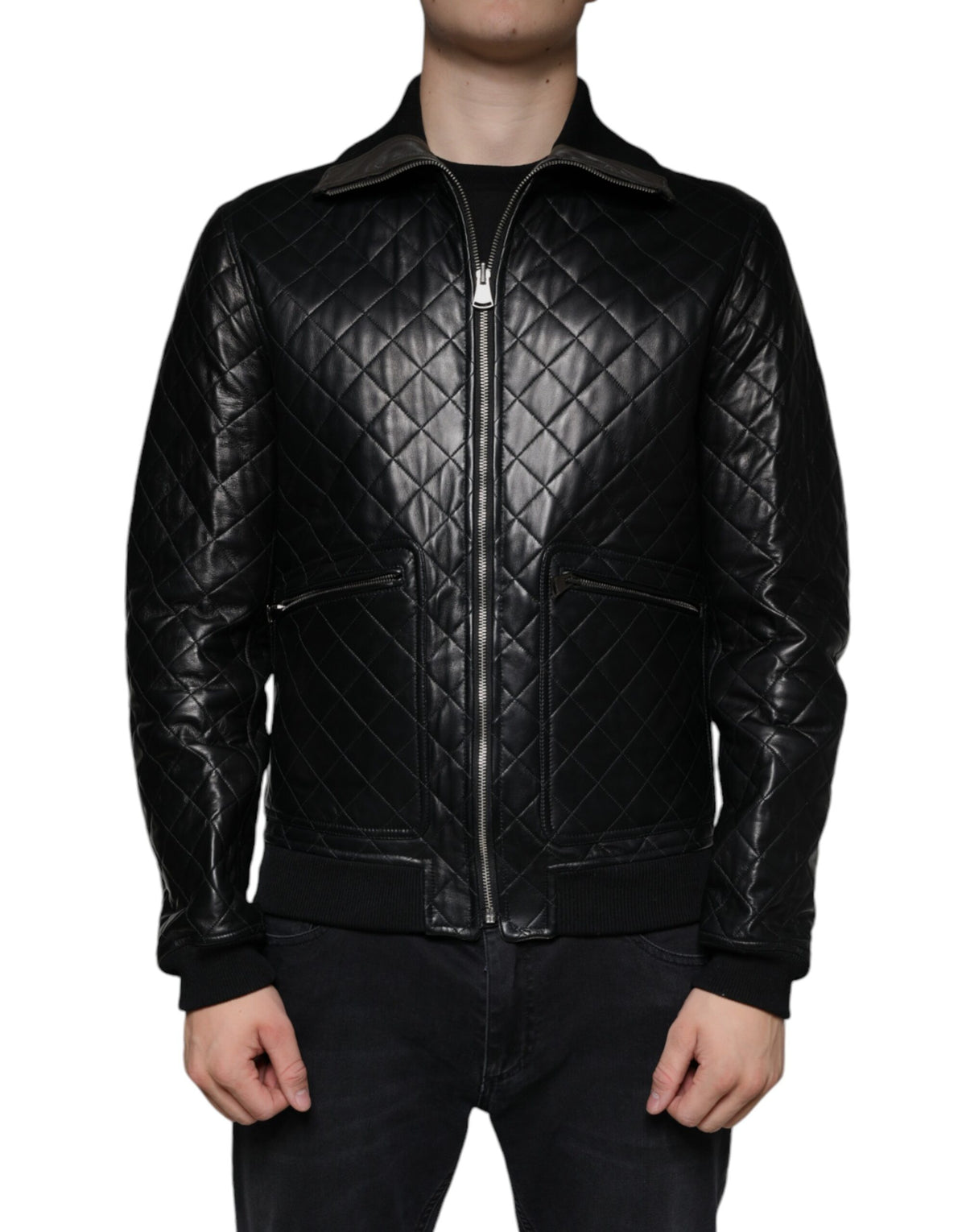 Veste à fermeture éclair complète en cuir de veau noir matelassé de Dolce & Gabbana