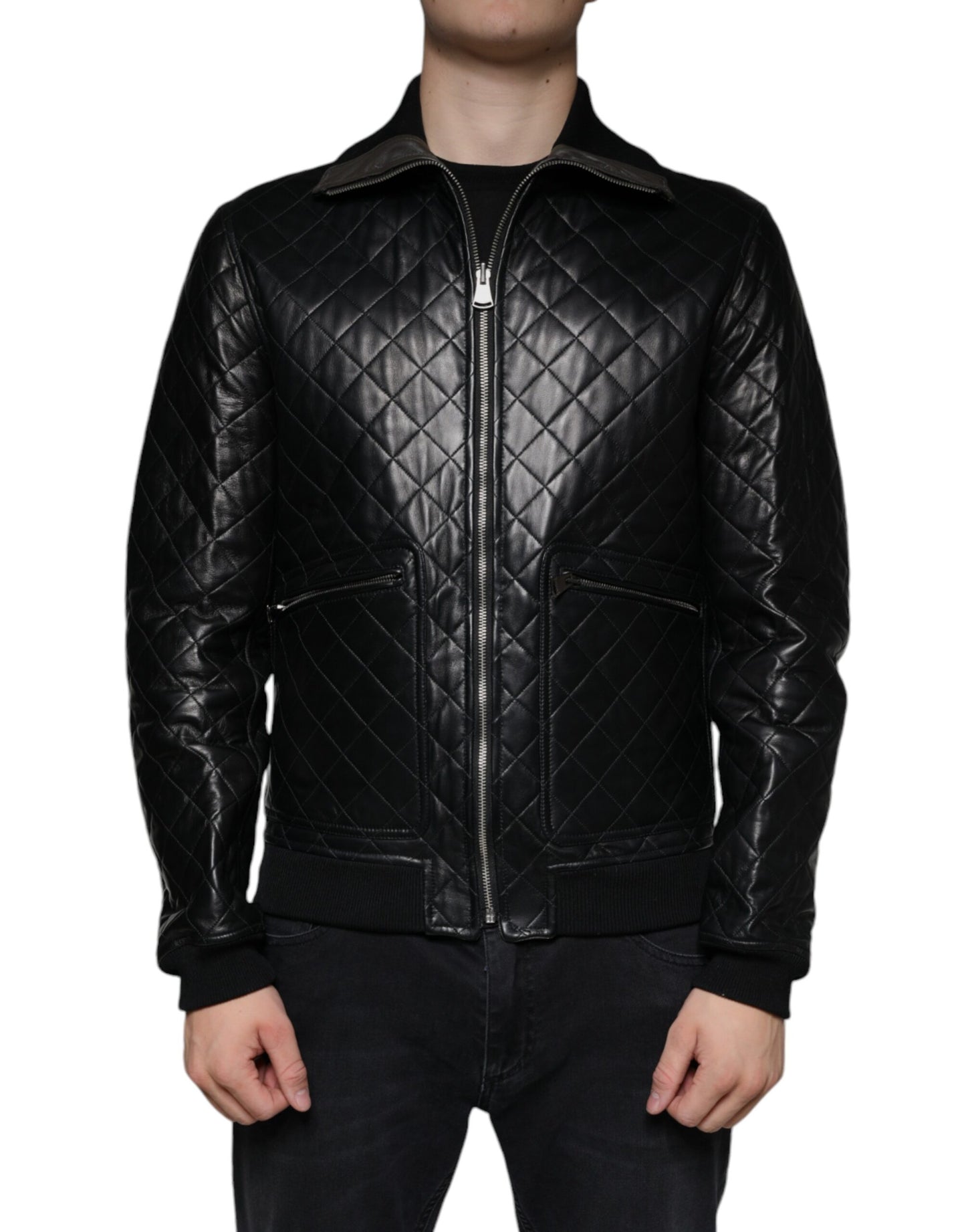Veste à fermeture éclair complète en cuir de veau noir matelassé de Dolce & Gabbana