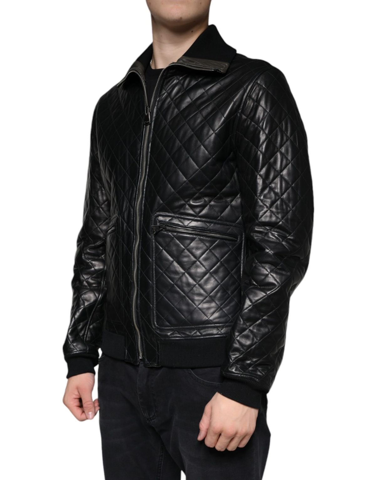 Veste à fermeture éclair complète en cuir de veau noir matelassé de Dolce & Gabbana
