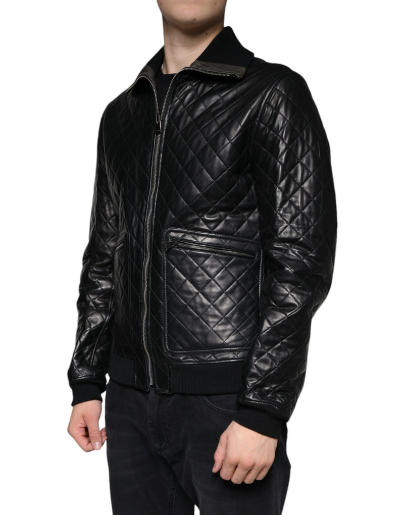 Dolce & Gabbana Quilted Full Zip Jas van Zwart Kalfsleer
