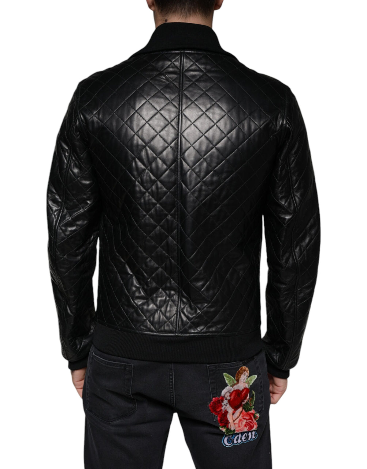 Veste à fermeture éclair complète en cuir de veau noir matelassé de Dolce & Gabbana