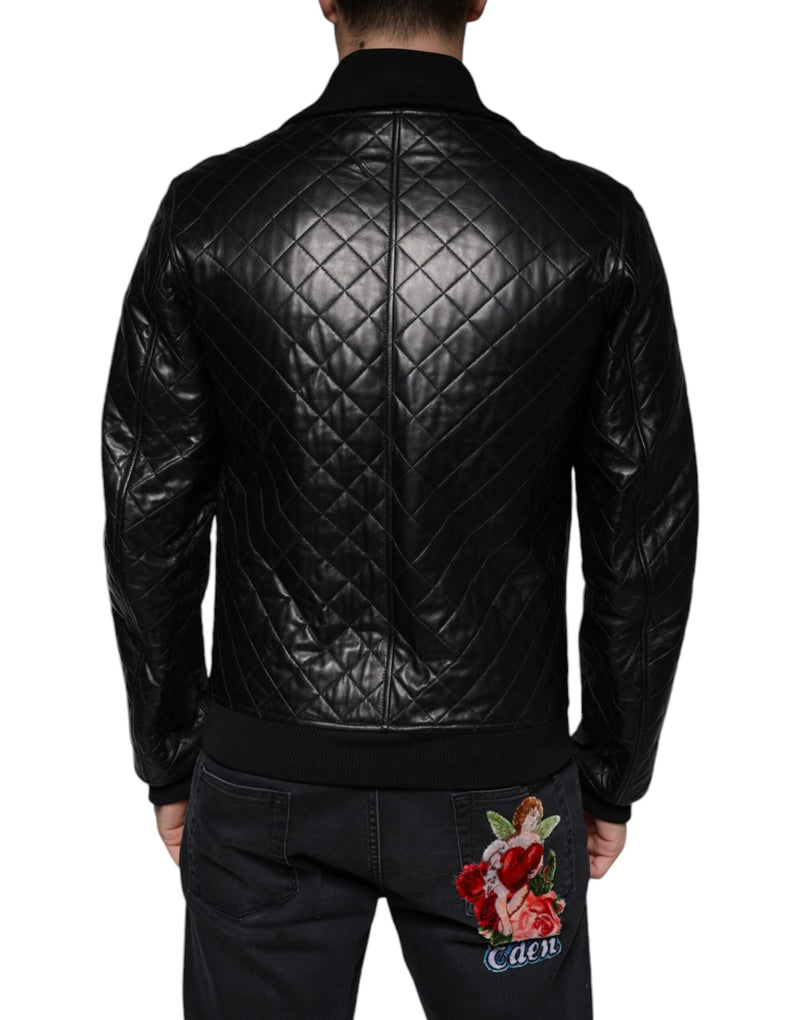 Dolce & Gabbana Quilted Full Zip Jas van Zwart Kalfsleer