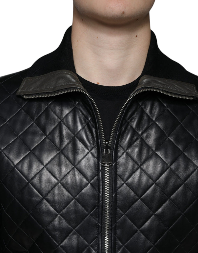 Dolce & Gabbana Quilted Full Zip Jas van Zwart Kalfsleer