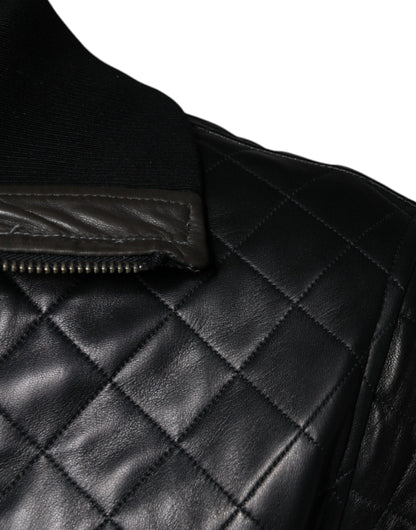 Veste à fermeture éclair complète en cuir de veau noir matelassé de Dolce & Gabbana