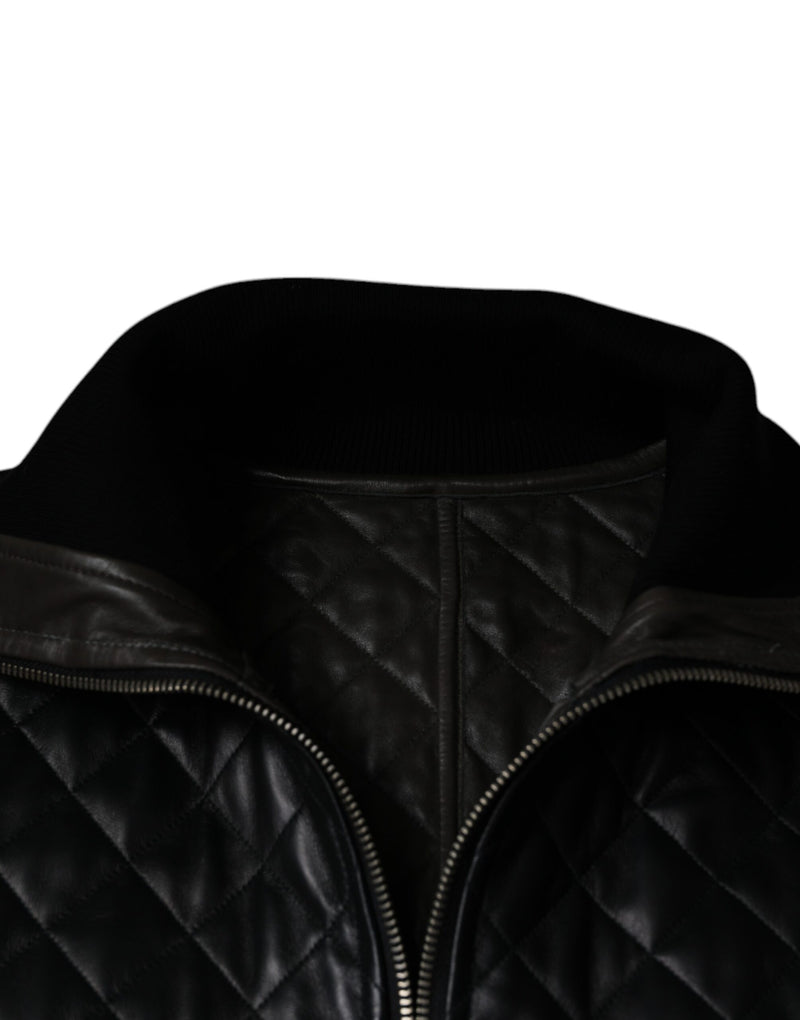 Dolce & Gabbana Quilted Full Zip Jas van Zwart Kalfsleer