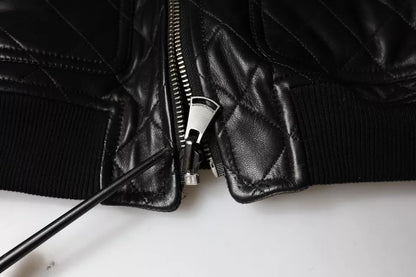 Veste à fermeture éclair complète en cuir de veau noir matelassé de Dolce & Gabbana