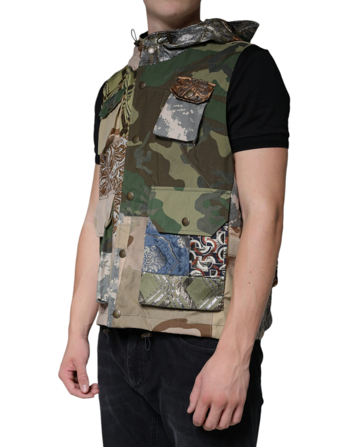 Gilet sans manches à capuche multicolore et patchwork de Dolce & Gabbana