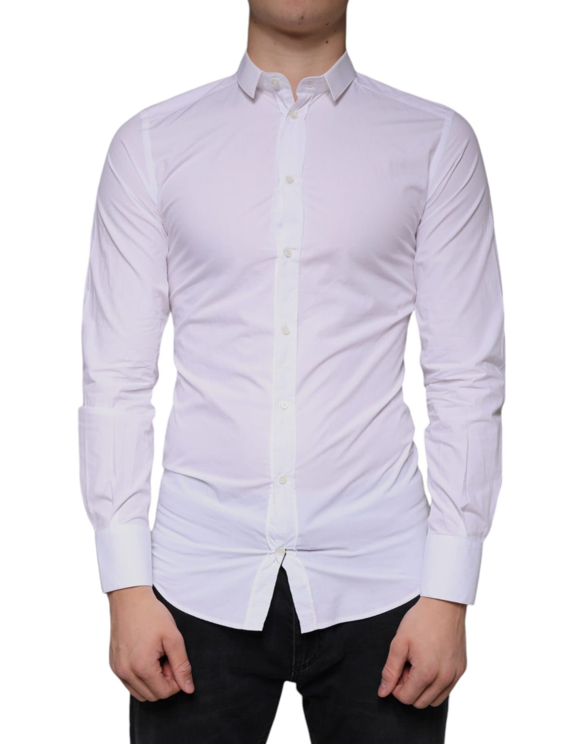 Robe blanche en coton Dolce &amp; Gabbana, chemise formelle à col doré.