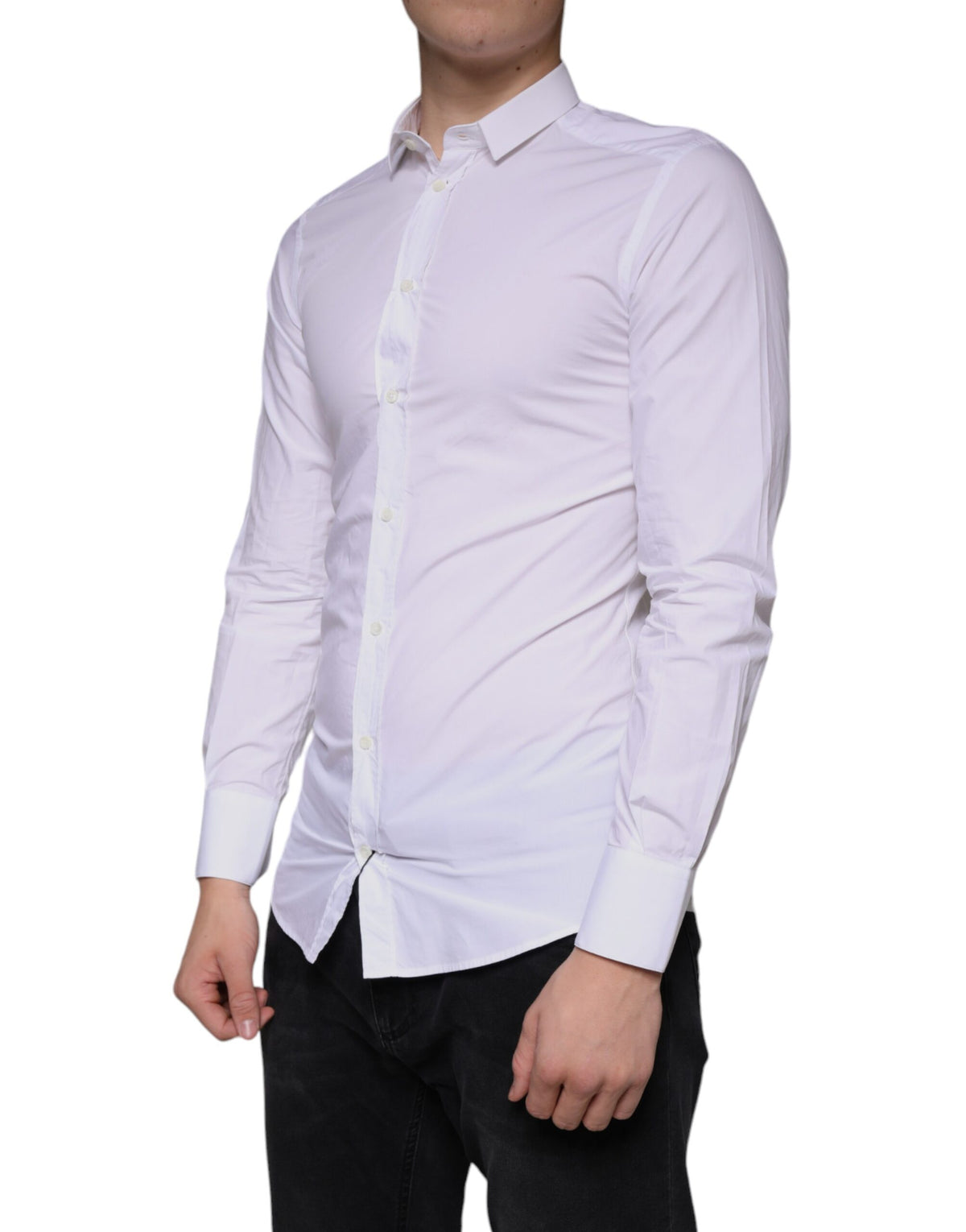 Robe blanche en coton Dolce &amp; Gabbana, chemise formelle à col doré.