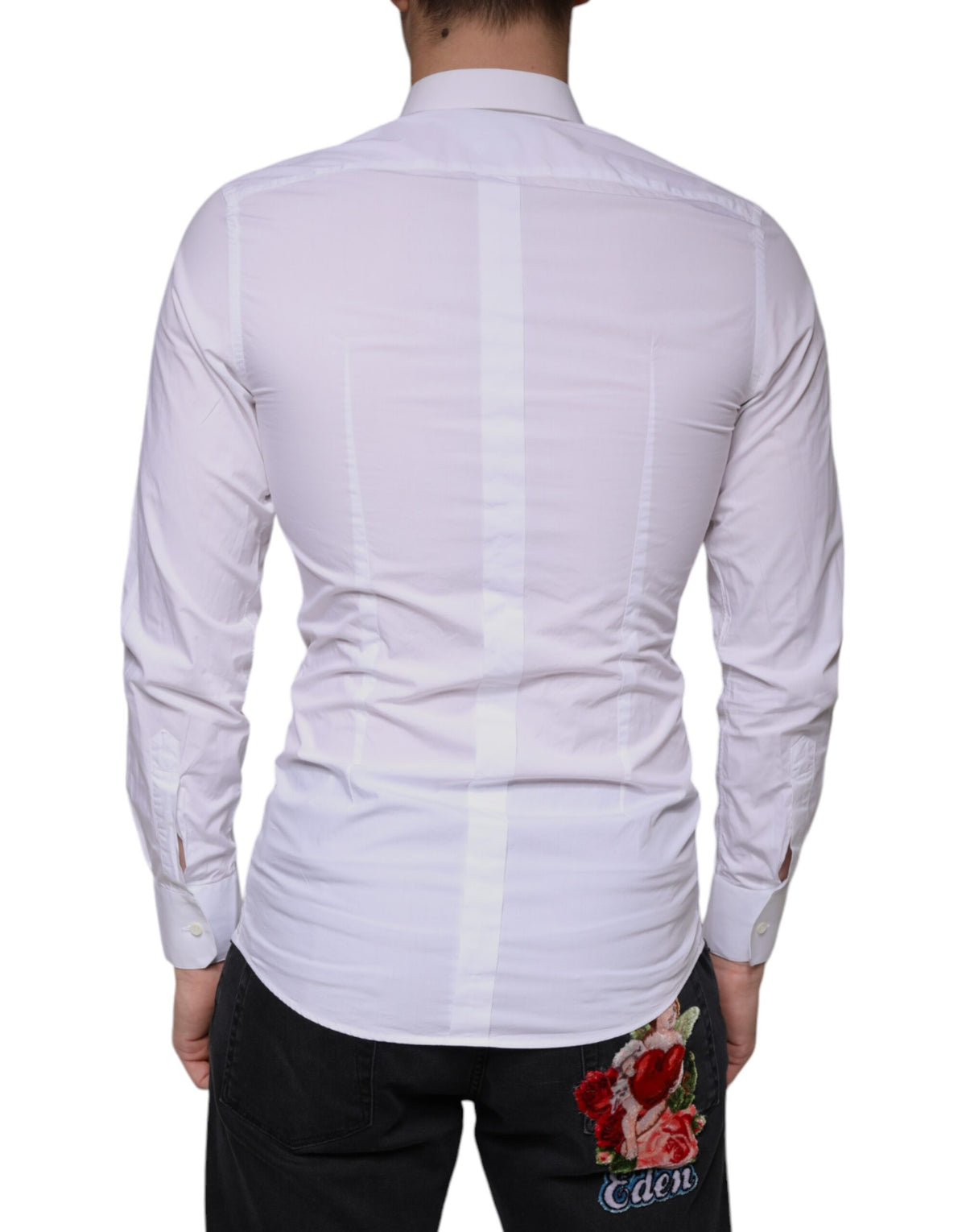 Robe blanche en coton Dolce &amp; Gabbana, chemise formelle à col doré.