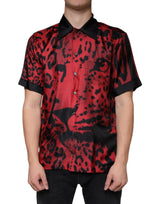 Chemise décontractée à boutons en soie à motif léopard rouge de Dolce &amp; Gabbana