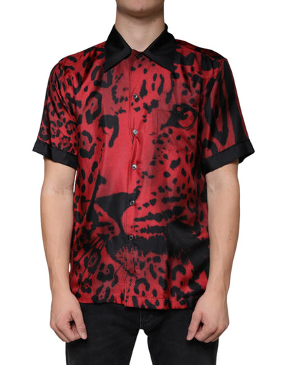 Chemise décontractée à boutons en soie à motif léopard rouge de Dolce &amp; Gabbana
