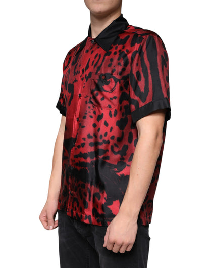 Chemise décontractée à boutons en soie à motif léopard rouge de Dolce &amp; Gabbana